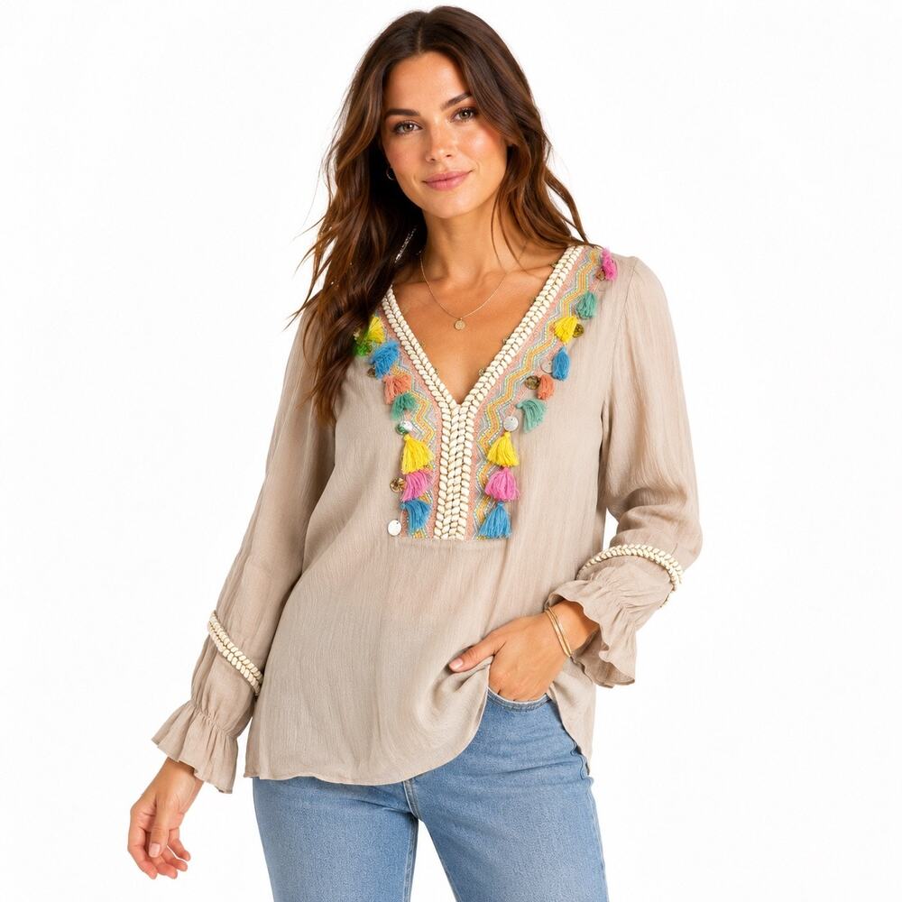 Soft Surroundings Tassel Boho Tunic Blouse Embroidered Beige XS Resort Wear